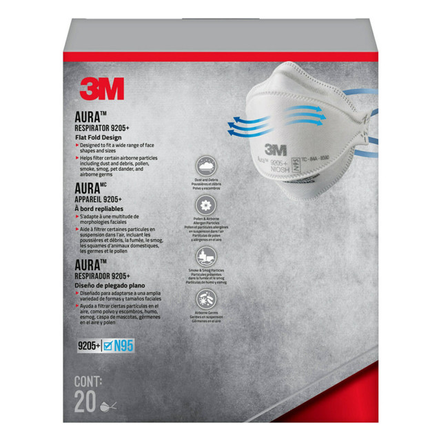 3M CO 3M 9205P-20-DC  Aura N95 Particulate Respirator, 9205PH-20-DC, Pack of 20 Respirators