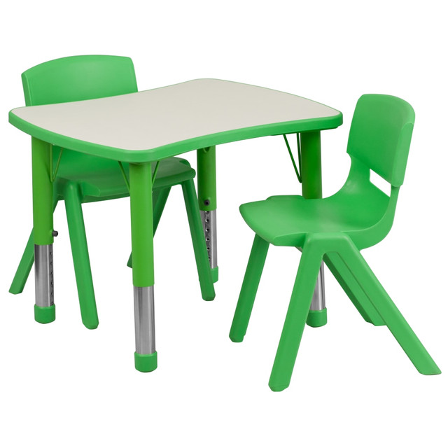 Young children will enjoy learning, exploring and creating at this Flash Furniture Rectangular Activity Table Set. The tables smooth laminate top offers durability to stand up to everyday learning and spills, while the plastic stack chairs provide a comfortable spot to sit for little learners. This table set is ideal for use in the home, classroom, preschool, daycare, church or playroom.  Table features a 1in-thick laminate top with safety rounded corners.  Steel legs adjust in 1in increments.  Table adjusts in height from 19-1/8in to 21-7/8in.  Chairs are crafted with a contoured polypropylene shell.  10-1/2in seat height.  Weight capacity tested to support 220 lb (table) and 154 lb (chair).  Assembly required.