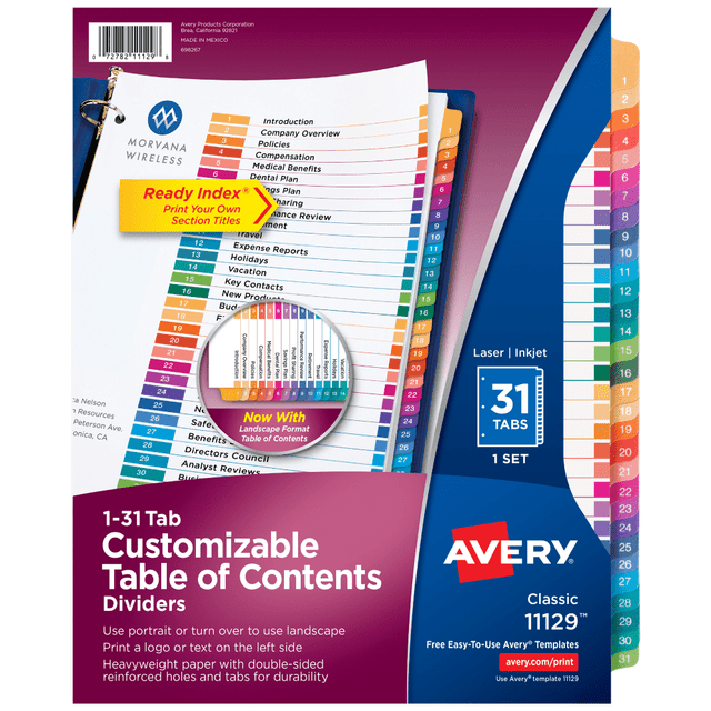 AVERY PRODUCTS CORPORATION 11129 Avery Ready Index 1-31 Tab Binder Dividers With Customizable Table Of Contents, 8-1/2in x 11in, 31 Tab, White/Multicolor, 1 Set