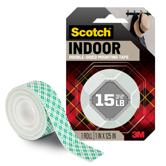 Scotch Indoor Double-Sided Mounting Tape is ideal for painted surfaces and allows you to quickly and easily beautify and organize your space. Whether you are creating a gallery wall or affixing the family chore chart, this permanent double-sided foam tape holds up to 15 pounds and delivers a strong bond every time because of its 3M industrial strength adhesive. Your work is up and ready to admire in 30 seconds flat-no nails or hammer needed. Never let how you are going to hang it get in the way of your creativity with the powerful adhesion of Scotch Indoor Double-Sided Mounting Tape.  Ideal for Painted Surfaces  Intended for indoor use - Delivers a strong, permanent bond on contact  Holds up to 15 lb with 3M industrial strength adhesive To hold 1 lb use 3in To hold 15 lb use 45in  Designed For:  Painted Drywall, Finished Wood, Metal, Acrylic, Tile and Glass  Application temperature 50 deg.F to 100 deg.F  Easy-to-apply design with no mess or tools  Use instead of nails and screws  Ensure your surface is smooth, clean and dry for the best bond  Great for do-it-yourself projects  Made in the USA with Globally Sourced Materials