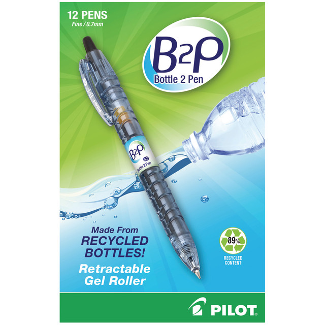 PILOT CORPORATION OF AMERICA 33600 Pilot "Bottle to Pen" B2P Retractable Gel Pens, Fine Point, 0.7 mm, 89% Recycled, Translucent Barrel, Black Ink, Pack Of 12