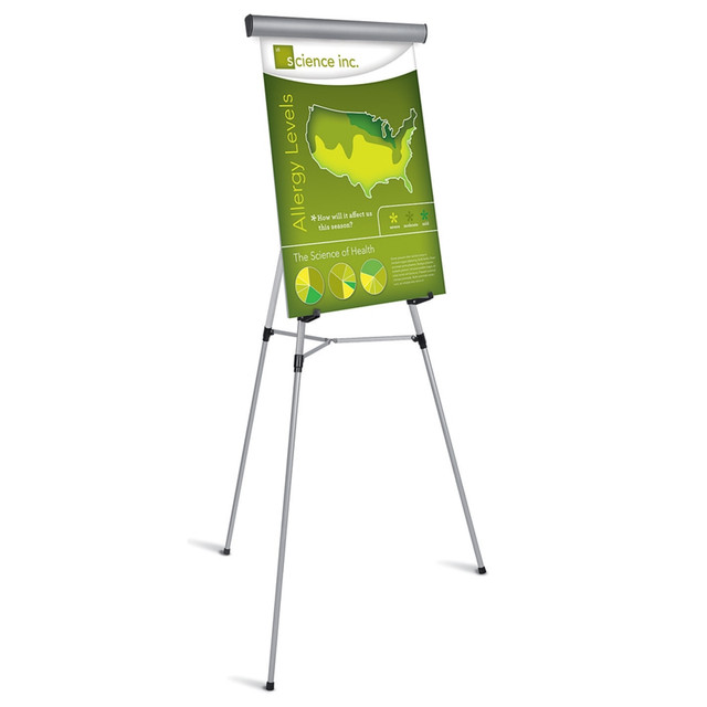 This sturdy aluminum presentation easel offers an easy and secure way to present your companys information. Use it for flipcharts or easel pads, on the floor or on a tabletop.  Lightweight, telescoping legs make the easel easy to set up. Adjusts from 35 1/2in to 65in in height.  Locking center brace provides stability and holds heavier items.  Fit most easel pads. Locks in place to hold large or small materials.  Supports weight up to 25 lb.