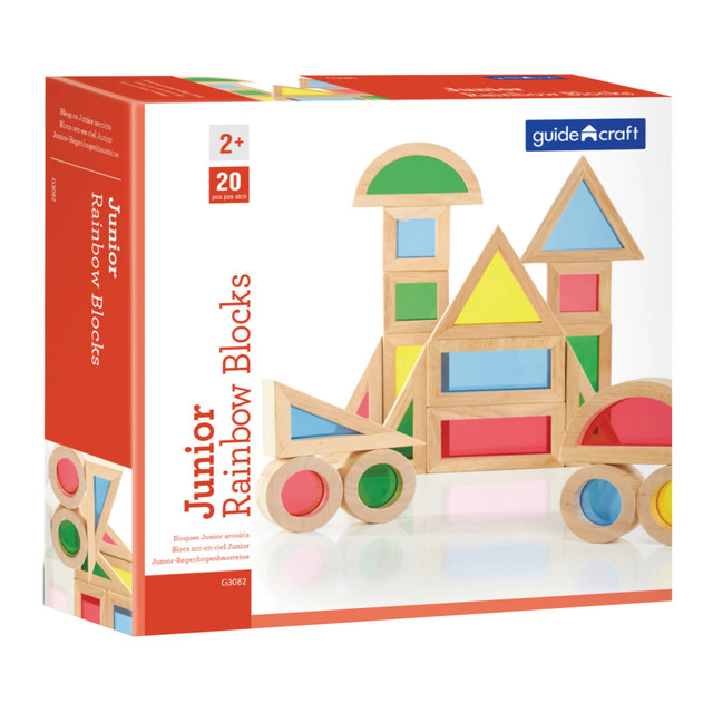 Build and create with this set of Guidecraft USA Junior Rainbow Blocks. The acrylic panels are brightly colored, and the durable hardwood frames stand up to extended play.  Teaches children hand-eye coordination, visual perception and color exploration.  Made with hardwood frames and colored acrylic insets.  Recommended for ages 2 and up.  Set contains 20 blocks in assorted shapes and colors.