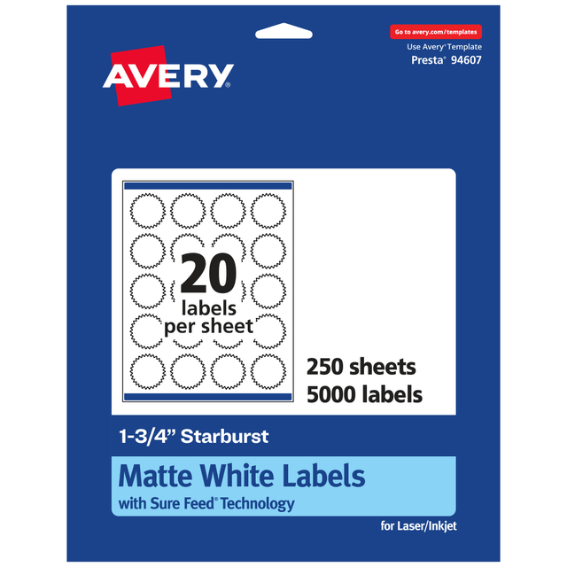 AVERY PRODUCTS CORPORATION 94607-WMP250 Avery Permanent Labels With Sure Feed, 94607-WMP250, Starburst, 1-3/4in, White, Pack Of 5,000 AVERY PRODUCTS CORPORATION 94607-WMP250 Avery Permanent Labels With Sure Feed, 94607-WMP250, Starburst, 1-3/4in, White, Pack Of 5,000