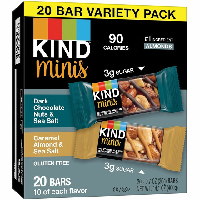 KIND INC. 27964 KIND Minis Nuts & Sea Salt Nut Bars Variety - Cholesterol-free, Gluten-free, Low Glycemic, Trans Fat Free, Low Sugar, Low Sodium - Dark Chocolate Nuts and Sea Salt, Caramel Almond and Sea Salt - 1.03 lb - 20 / Pack KIND INC. 27964 KIND Minis Nuts & Sea Salt Nut Bars Variety - Cholesterol-free, Gluten-free, Low Glycemic, Trans Fat Free, Low Sugar, Low Sodium - Dark Chocolate Nuts and Sea Salt, Caramel Almond and Sea Salt - 1.03 lb - 20 / Pack