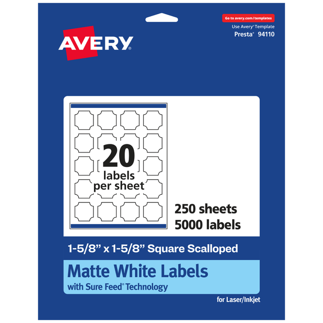 AVERY PRODUCTS CORPORATION 94110-WMP250 Avery Permanent Labels With Sure Feed, 94110-WMP250, Square Scalloped, 1-5/8in x 1-5/8in, White, Pack Of 5,000 AVERY PRODUCTS CORPORATION 94110-WMP250 Avery Permanent Labels With Sure Feed, 94110-WMP250, Square Scalloped, 1-5/8in x 1-5/8in, White, Pack Of 5,000