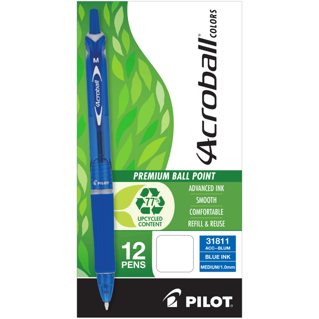 PILOT CORPORATION OF AMERICA Pilot 31811UOM  Acroball Colors Retractable Advanced Ink Pens, Medium Point, 1.0mm, Blue Barrel, Blue Ink, Pack of 12 Pens
