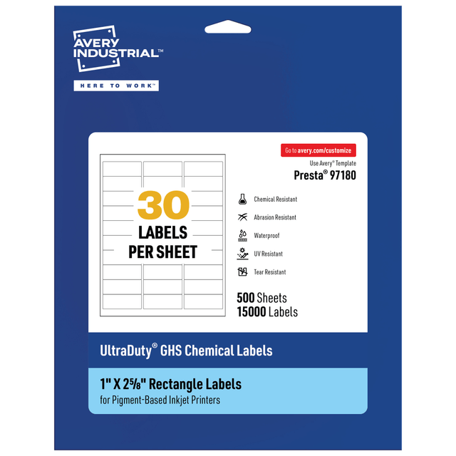 AVERY PRODUCTS CORPORATION 97180-WMUI500 Avery Ultra Duty Permanent GHS Chemical Labels, 97180-WMUI500, Rectangle, 1in x 2-5/8in, White, Pack Of 15,000