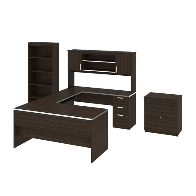 BESTAR INC. Bestar 52850-79  Ridgeley 65inW U-Shaped Desk With Hutch, Lateral File Cabinet And Bookcase, Dark Chocolate