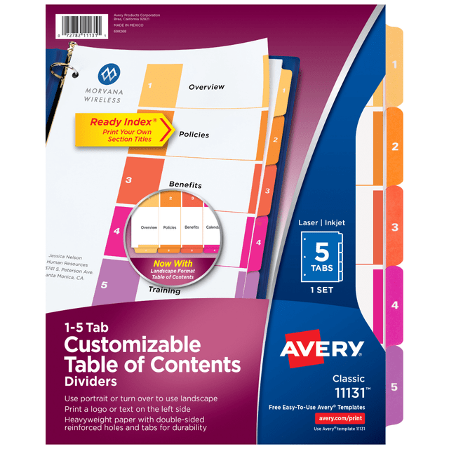 AVERY PRODUCTS CORPORATION 11131 Avery Ready Index 1-5 Tab Binder Dividers With Customizable Table Of Contents, 8-1/2in x 11in, 5 Tab, White/Multicolor, 1 Set AVERY PRODUCTS CORPORATION 11131 Avery Ready Index 1-5 Tab Binder Dividers With Customizable Table Of Contents, 8-1/2in x 11in, 5 Tab, White/Multicolor, 1 Set