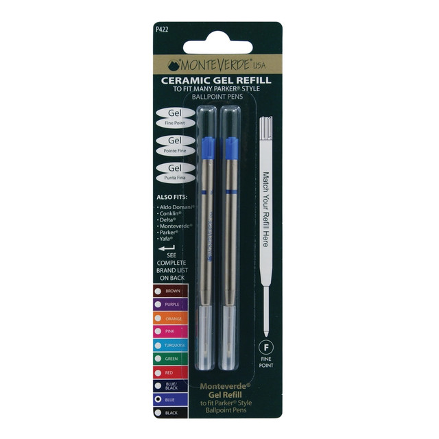 YAFA A PEN COMPANY P422BU Monteverde Parker Style Capless Ceramic Gel Refills, Fine Point, 0.5 mm, Blue, Pack Of 2 Refills