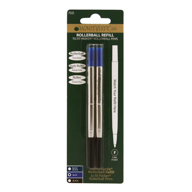 YAFA A PEN COMPANY P222BU Monteverde Rollerball Refills For Parker Rollerball Pens, Fine Point, 0.5 mm, Blue, Pack Of 2 Refills