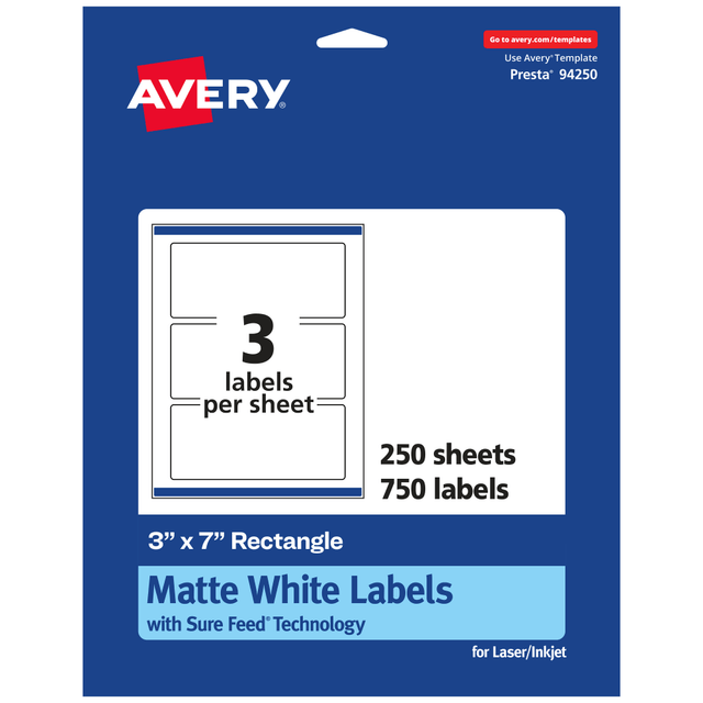 AVERY PRODUCTS CORPORATION 94250-WMP250 Avery Permanent Labels With Sure Feed, 94250-WMP250, Rectangle, 3in x 7in, White, Pack Of 750 AVERY PRODUCTS CORPORATION 94250-WMP250 Avery Permanent Labels With Sure Feed, 94250-WMP250, Rectangle, 3in x 7in, White, Pack Of 750