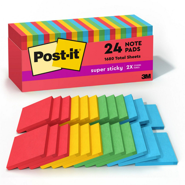 3M CO 654-24SSAN-CP Post-it Super Sticky Notes, 24 Pads, 3 in x 3 in, 2x the Sticking Power, School Supplies and Office Products, Sticky Notes for Vertical Surfaces, Monitors, Walls and Windows, Playful Primaries Collection 3M CO 654-24SSAN-CP Post-it Super Sticky Notes, 24 Pads, 3 in x 3 in, 2x the Sticking Power, School Supplies and Office Products, Sticky Notes for Vertical Surfaces, Monitors, Walls and Windows, Playful Primaries Collection