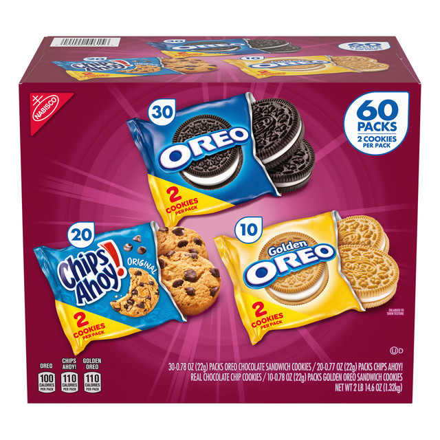 If you need scrumptious cookies, but donT want to spoil your appetite, these small packs are great. The box comes with 3 different cookie types to offer variety, and 2 cookies in each pack help fight mid-day hunger.  Chips Ahoy, Oreo and Golden Oreo cookies will make your mouth water.  Box contains 30 Oreo packs, 20 Chips Ahoy packs and 10 Golden Oreo packs with 2 cookies in each.  Kosher and free of cholesterol and trans fat.