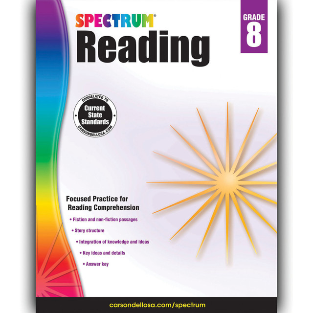 The Spectrum Reading Workbook features illustrated fiction, informational texts, and engaging exercises that strengthen students ability to understand, process, and analyze text. This standards-based workbook enhances reading comprehension skills with grade-appropriate, yet challenging lessons, exercises, and discussion questions. An answer key is included to help parents and teachers accurately monitor students progress and feel confident in their competency. The best-selling Spectrum series is a favorite of parents and teachers because its carefully designed to be both effective and engaging--the perfect building blocks for a lifetime of learning.  Spectrum Reading includes focused practice for reading comprehension.  Integration of knowledge and ideas.  Fiction and non-fiction passages.