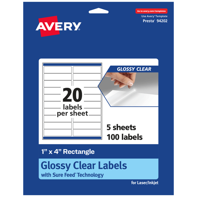 AVERY PRODUCTS CORPORATION 94202-CGF5 Avery Glossy Permanent Labels With Sure Feed, 94202-CGF5, Rectangle, 1in x 4in, Clear, Pack Of 100