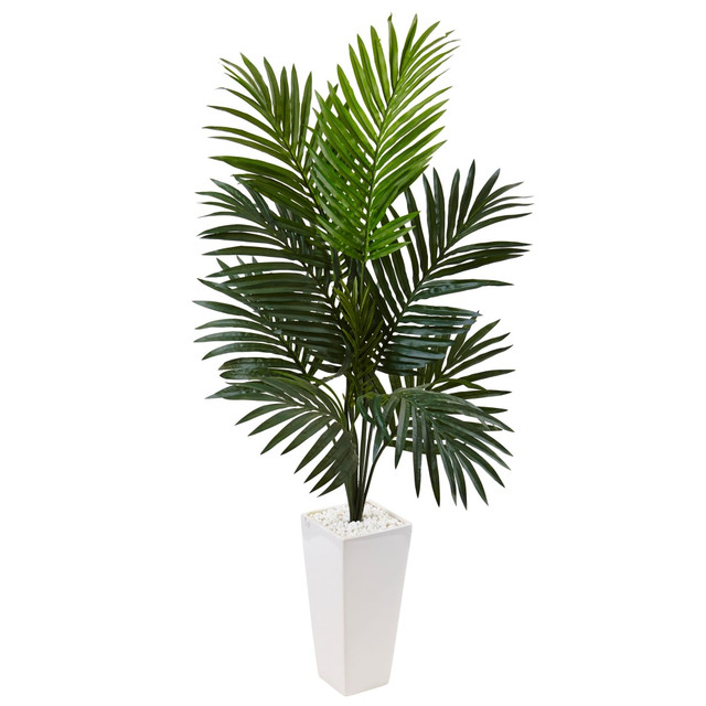 NEARLY NATURAL INC. Nearly Natural 5996  4-1/2ft Polyester Artificial Kentia Palm Tree with Tower Planter, Green/White