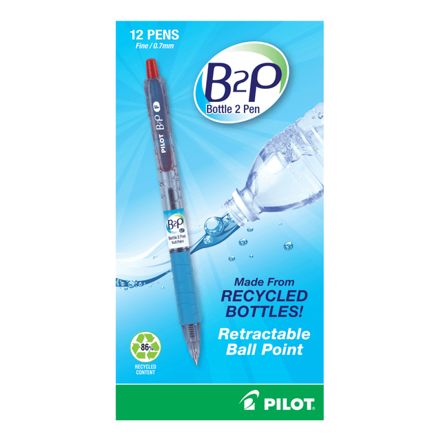 PILOT CORPORATION OF AMERICA 32602 Pilot Bottle to Pen (B2P) Retractable Ballpoint Pens, Fine Point, 0.7 mm, Red Ink, Pack Of 12 Pens