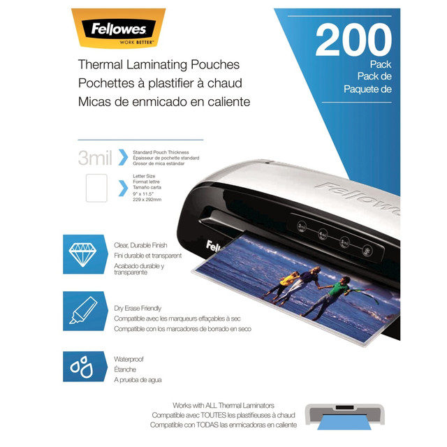 FELLOWES INC. 5743401 Fellowes Thermal Laminating Pouches, Letter, 3 mil, 11 1/2in x 9in, Clear, Pack Of 200 FELLOWES INC. 5743401 Fellowes Thermal Laminating Pouches, Letter, 3 mil, 11 1/2in x 9in, Clear, Pack Of 200