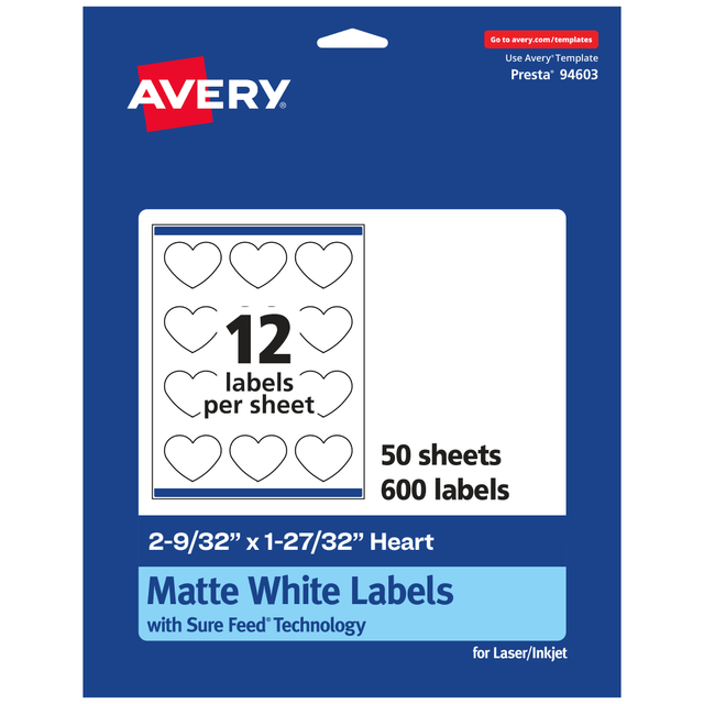 AVERY PRODUCTS CORPORATION 94603-WMP50 Avery Permanent Labels With Sure Feed, 94603-WMP50, Heart, 2-9/32in x 1-27/32in, White, Pack Of 600 AVERY PRODUCTS CORPORATION 94603-WMP50 Avery Permanent Labels With Sure Feed, 94603-WMP50, Heart, 2-9/32in x 1-27/32in, White, Pack Of 600