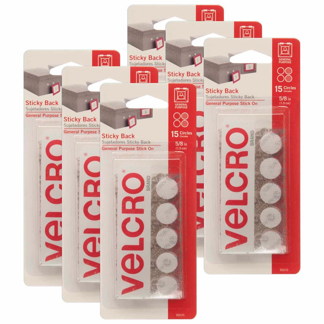 VELCRO Brand VEC90070-6 STICKY BACK Fasteners, Round, 0.63in, White, 15 Fasteners Per Pack, Set Of 6 Packs VELCRO Brand VEC90070-6 STICKY BACK Fasteners, Round, 0.63in, White, 15 Fasteners Per Pack, Set Of 6 Packs