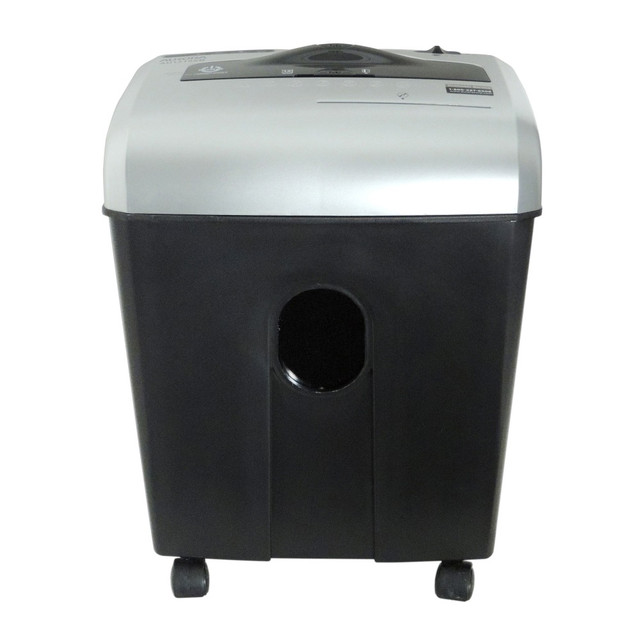 Make sure your companys information remains secure with this 12-sheet cross-cut shredder. The Aurora shredder in black and gray features ShredSafe for added safety.  Slices CDs and DVDs, credit cards, paper clips and staples.  4.8-gallon basket can be pulled out for simple emptying when needed.  Shreds 12 sheets in one pass to handle big jobs.  Cross-cut style leaves items in 3/16in x 2-3/16in pieces.  ShredSafe feature prevents accidents by powering off when forced entry is detected.  Overload/overheat protection helps guard against damage.  LED status indicator lights allow quick reference.  Starts and stops automatically for simple operation.  Backed by the manufacturers 1-year limited warranty. Cutter is backed by the manufacturers 5-year warranty.
