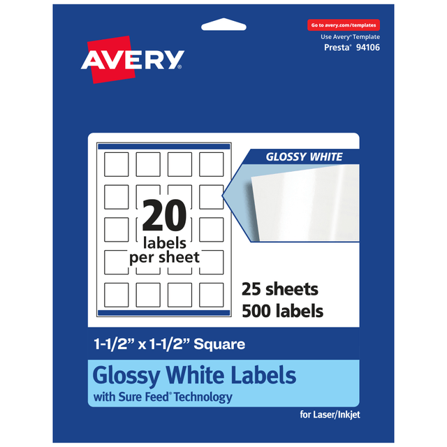 AVERY PRODUCTS CORPORATION 94106-WGP25 Avery Glossy Permanent Labels With Sure Feed, 94106-WGP25, Square, 1-1/2in x 1-1/2in, White, Pack Of 500 AVERY PRODUCTS CORPORATION 94106-WGP25 Avery Glossy Permanent Labels With Sure Feed, 94106-WGP25, Square, 1-1/2in x 1-1/2in, White, Pack Of 500