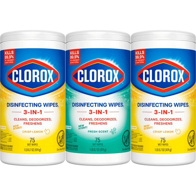 Clorox Disinfecting Wipes clean, disinfect, deodorize and remove allergens for 5x cleaning power* and leave a pleasant scent. Disinfecting Wipes clean and disinfect with antibacterial power that kills 99.9% of viruses and bacteria that can live on surfaces, including COVID-19* Virus, staph, E. coli, MRSA, salmonella, strep and Kleb. These all-purpose disposable wipes remove common allergens, germs and messes on surfaces like kitchen counters, bathroom surfaces and more and can prevent the growth of bacteria* for up to 24 hours. Wipes are safe to use on finished wood, sealed granite and stainless steel. Clean with bleach-free wipes to keep dirt and germs away. *5x cleaning power: cleans, disinfects, deodorizes, removes allergens, leaves a scent, removes dirt, removes grime. Kills COVID-19 virus: kills SARS-CoV-2 on hard, nonporous surfaces. Use as directed. Prevents the growth of bacteria: odor causing bacteria on non-food contact surfaces. Allow product to air dry.  DISINFECTING WIPES: Clorox Disinfecting Wipes are proven to kill COVID 19 Virus* in 15 seconds; cleans and kills 99.9% of viruses and bacteria with powerful, 5x cleaning power*, Package may vary  ALL PURPOSE WIPE: These all purpose disposable wipes remove common allergens, germs and messes on surfaces like kitchen counters bathroom surfaces and more, Prevents bacteria* growth for up to 24 hours  MULTI SURFACE CLEANER: Wipes are safe for finished wood sealed granite, stainless steel and non food contact surfaces in the home, office, classroom, pet area, locker room and more  DISPOSABLE WIPES: This canister easily dispenses disposable antibacterial wipes with a pleasant scent, dispose of wipes according to manufacturer instructions  GREAT FOR COMMERCIAL USE: Ideal for use in offices, day care centers, schools, hotels, restaurants and other commercial facilities  Antimicrobial is an agent that kills microorganisms or stops their growth.
