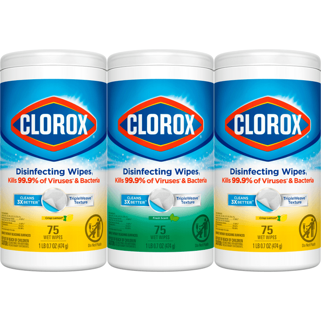 THE CLOROX COMPANY CLO30208PK Clorox Disinfecting Bleach Free Cleaning Wipes Value Pack, 75 Count Each, Pack of 3 THE CLOROX COMPANY CLO30208PK Clorox Disinfecting Bleach Free Cleaning Wipes Value Pack, 75 Count Each, Pack of 3