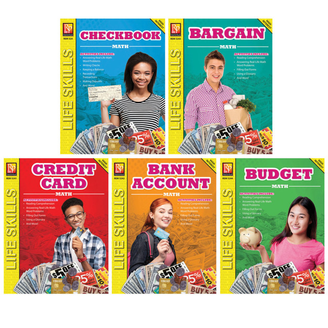 Help students fine tune essential math skills with the Remedia Publications Life Skills Math Series. All 5 books include multi-step word problems that teach students how to work with money.  Set includes 5 books: Checkbook Math, Credit Card Math, Bank Account Math, Bargain Math and Budget Math.  Multi-step word problems cover adding, subtracting, multiplying and dividing money, figuring percentages, working with large numbers and more.  Helps students master essential math skills.  Each book includes an answer key.