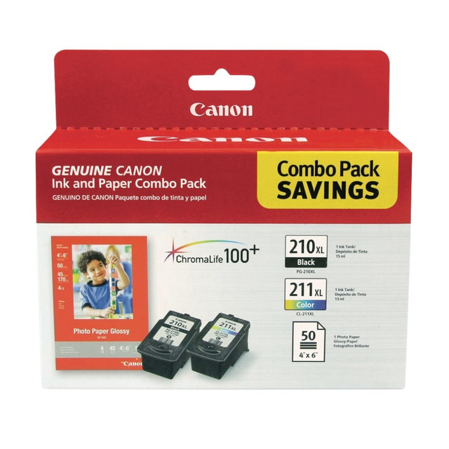 CANON USA, INC. 2973B004 Canon PG-210XL Black/CL-211XL Tri-Color High-Yield Ink Cartridges And Photo Paper, Pack Of 2, 2973B004