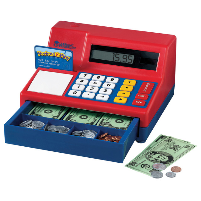Cash in on a role-playing experience with your kids thats fun and educational. Great way to start introducing children to money and monetary concepts.  Helps familiarize children with currency denominations and money management skills. Use the life-size play money, plastic coins and credit card to create a scene at the store.  Built-in solar calculator helps children learn to compute numbers. Keypad with large numbers is easy for little fingers to use.  Register drawer opens with a "cha-ching!" sound for a fun, authentic feel.  Provides an engaging way to teach students about money handling and management and promote role-play that builds social skills.  Meets Common Core standards for measurement and data.  Includes real-size bills, 40 plastic coins, a pretend credit card and an activity guide.  Great for preschool to grade 3.