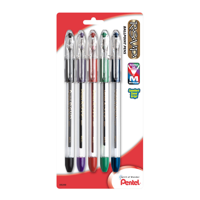 PENTEL OF AMERICA, LTD. BK90BP5M-D2 Pentel R.S.V.P. Ballpoint Pens, Fine Point, 0.7 mm, Clear Barrel, Assorted Ink Colors, Pack Of 5