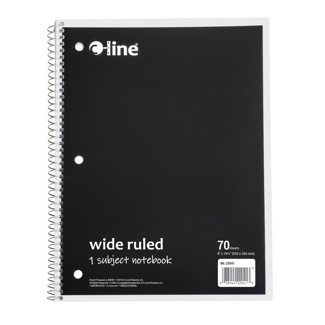 Jot down class notes, homework and ideas within the pages of C-Line Wide Rule Spiral Notebooks. Pages are perforated for easy removal.  Features blue handwriting lines with a red margin divider for neat writing.  Perforated pages for easy removal.  3-hole punched to fit into most standard 3-ring binders.  Spiral-bound for durability.  Durable board back cover for support.