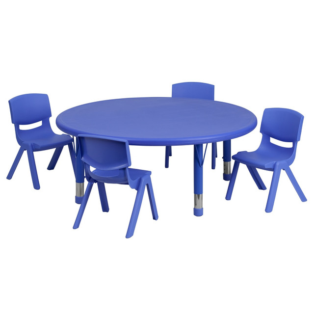 FLASH FURNITURE YCX53RNDTBLBLE  Round Plastic Height-Adjustable Activity Table Set With 4 Chairs, 23-3/4inH x 45inW x 45inD, Blue