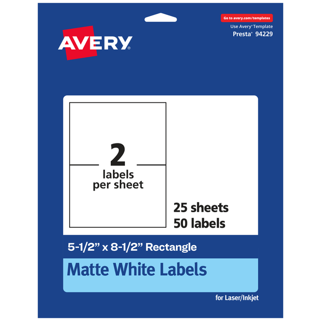AVERY PRODUCTS CORPORATION 94229-WMP25 Avery Permanent Labels, 94229-WMP25, Rectangle, 5-1/2in x 8-1/2in, White, Pack Of 50 AVERY PRODUCTS CORPORATION 94229-WMP25 Avery Permanent Labels, 94229-WMP25, Rectangle, 5-1/2in x 8-1/2in, White, Pack Of 50