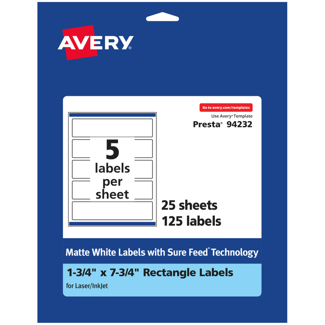 AVERY PRODUCTS CORPORATION 94232-WMP25 Avery Permanent Labels With Sure Feed, 94232-WMP25, Rectangle, 1-3/4in x 7-3/4in, White, Pack Of 125 AVERY PRODUCTS CORPORATION 94232-WMP25 Avery Permanent Labels With Sure Feed, 94232-WMP25, Rectangle, 1-3/4in x 7-3/4in, White, Pack Of 125