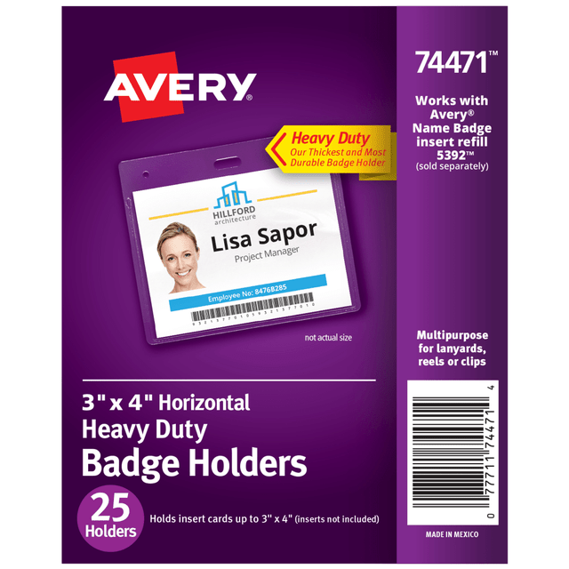 AVERY PRODUCTS CORPORATION 74471 Avery Secure Top Badge Holders, Horizontal Prepunched, 3in x 4in Badge, Clear, Box Of 25 AVERY PRODUCTS CORPORATION 74471 Avery Secure Top Badge Holders, Horizontal Prepunched, 3in x 4in Badge, Clear, Box Of 25