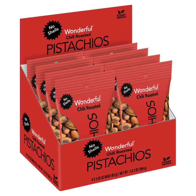 WONDERFUL PISTACHIOS & ALMONDS LLC 91087 Wonderful Pistachios No-Shell Chili-Roasted Pistachios, 2.25 Oz, Box Of 8 Bags WONDERFUL PISTACHIOS & ALMONDS LLC 91087 Wonderful Pistachios No-Shell Chili-Roasted Pistachios, 2.25 Oz, Box Of 8 Bags