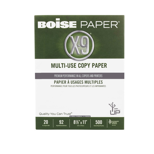 BOISE OX9001-P  X-9 3-Hole Punched Multi-Use Printer & Copy Paper, White, Letter (8.5in x 11in), 500 Sheets Per Ream, 20 Lb, 92 Brightness