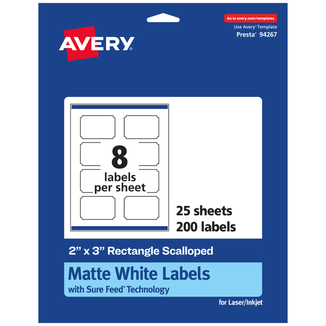 AVERY PRODUCTS CORPORATION 94267-WMP25 Avery Permanent Labels With Sure Feed, 94267-WMP25, Rectangle Scalloped, 2in x 3in, White, Pack Of 200 AVERY PRODUCTS CORPORATION 94267-WMP25 Avery Permanent Labels With Sure Feed, 94267-WMP25, Rectangle Scalloped, 2in x 3in, White, Pack Of 200