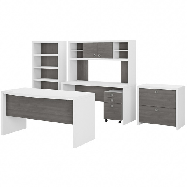 BUSH INDUSTRIES INC. Bush Business Furniture ECH029WHMG  Echo 60inW Bow-Front Computer Desk, Credenza With Hutch, Bookcase And File Cabinets, Pure White/Modern Gray, Standard Delivery