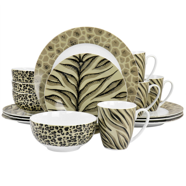 GIBSON OVERSEAS INC. Gibson Home 995116939M  16-Piece Fine Ceramic Jungle Dinnerware Set, Brown