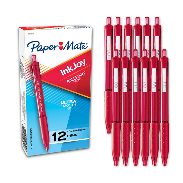 NEWELL BRANDS INC. 1781562 Paper Mate InkJoy 300 RT Retractable Pens, Medium Point, 1.0 mm, Translucent Red Barrels, Red Ink, Pack Of 12 NEWELL BRANDS INC. 1781562 Paper Mate InkJoy 300 RT Retractable Pens, Medium Point, 1.0 mm, Translucent Red Barrels, Red Ink, Pack Of 12