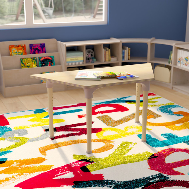 Design a collaborative classroom with the Flash Furniture Bright Beginnings Commercial Grade Wooden Trapezoid Adjustable Height Classroom Activity Table. Adjust the height of the tabletop in 1in increments to easily accommodate students. Integrated floor protector glides help to prevent damage to flooring.  Durable engineered wood top.  Powder-coated metal legs adjust in 1in increments from 15in to 23in.  Rounded safety corners.  Integrated floor protector plastic glides.  Accommodates up to 3 children.  Clean with a damp cloth, then dry.  Weight capacity tested to support 300 lb.  Assembly required.