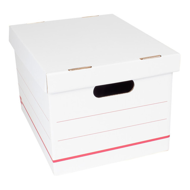 OFFICE DEPOT AAODSTANDARD12PK  Brand Standard-Duty Corrugated Storage Boxes, Letter/Legal Size, 15in x 12in x 10in, 60% Recycled, White/Red, Pack Of 12