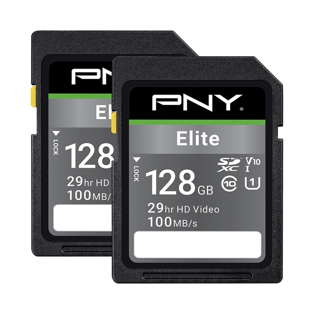 PNY TECHNOLOGIES, INC. P-SD128X2U1100EL-GE PNY Elite Class 10 U1 V10 100 Mbps SDXC Flash Memory Cards, 128GB, Pack Of 2 Memory Cards PNY TECHNOLOGIES, INC. P-SD128X2U1100EL-GE PNY Elite Class 10 U1 V10 100 Mbps SDXC Flash Memory Cards, 128GB, Pack Of 2 Memory Cards