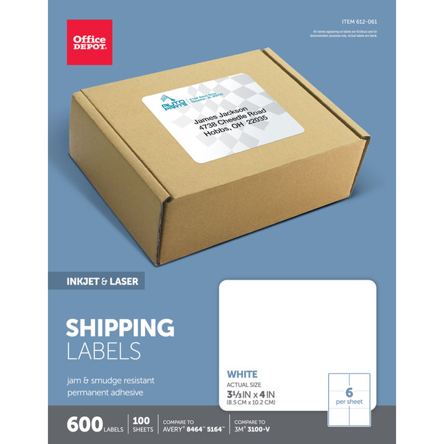 OFFICE DEPOT 505-O004-0010  Brand Inkjet/Laser Shipping Labels, Rectangle, 3 1/3in x 4in, White, Pack Of 600