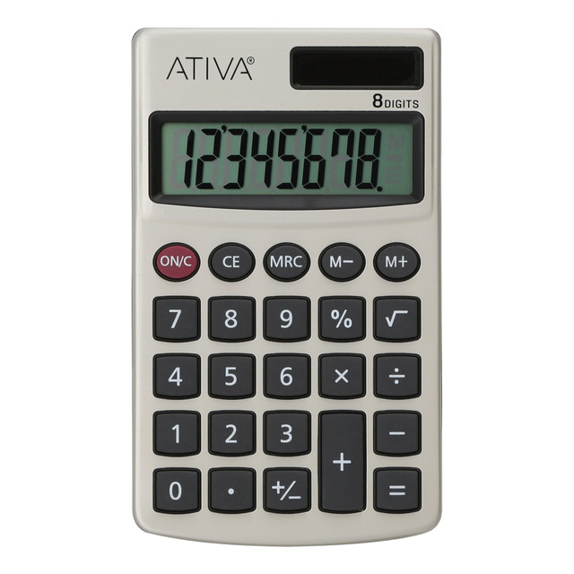 Take your work on the go with help from the Ativa Mini Calculator. The 3-key memory makes it easy to double back and check previous answers.  Ativa calculator with an 8-digit display.  3-key memory for easy retrieval of information.  Mini size for transport.  Solar power calculator can also run on battery for versatile use.  Backed by the manufacturers 1-year limited warranty.